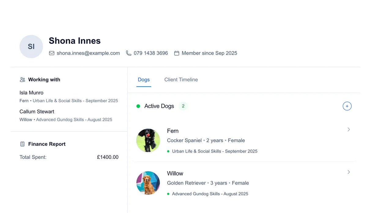 Client profile interface showing complete client management