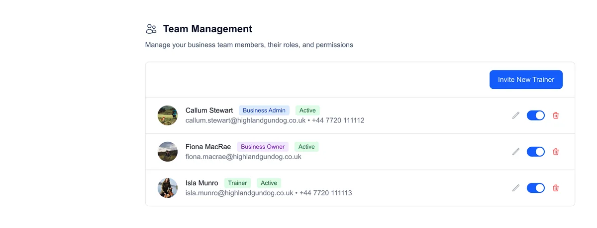 Team management settings interface